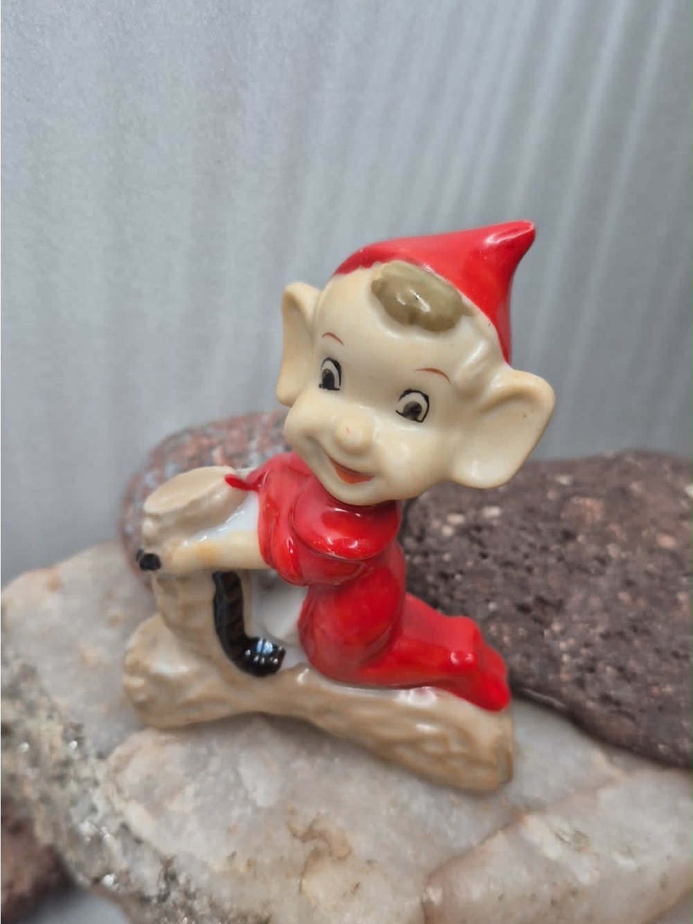 RARE Vintage MCM Pixie Miniature - Small Elf Red Suit Sitting on Log JAPAN
